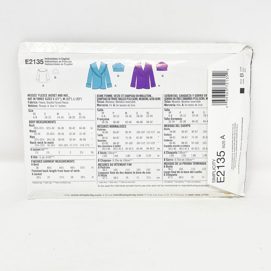 Simplicity E2135 Sewing Pattern - Jacket/Hat (XS-XL) - 2011