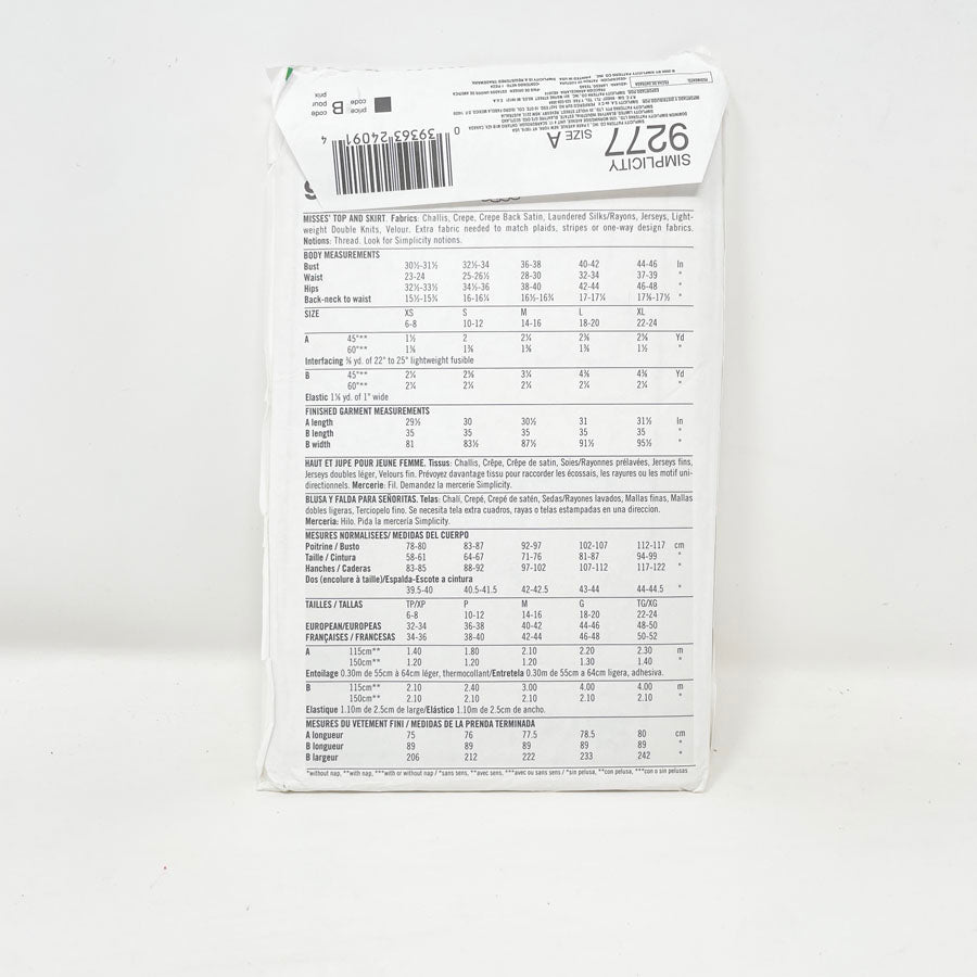 Simplicity 9277 Sewing Pattern - Skirt/Top (XS-XL) - 2000