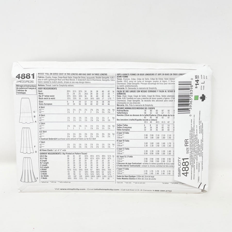 Simplicity 4881 Sewing Pattern - Skirt (14-20) - 2004