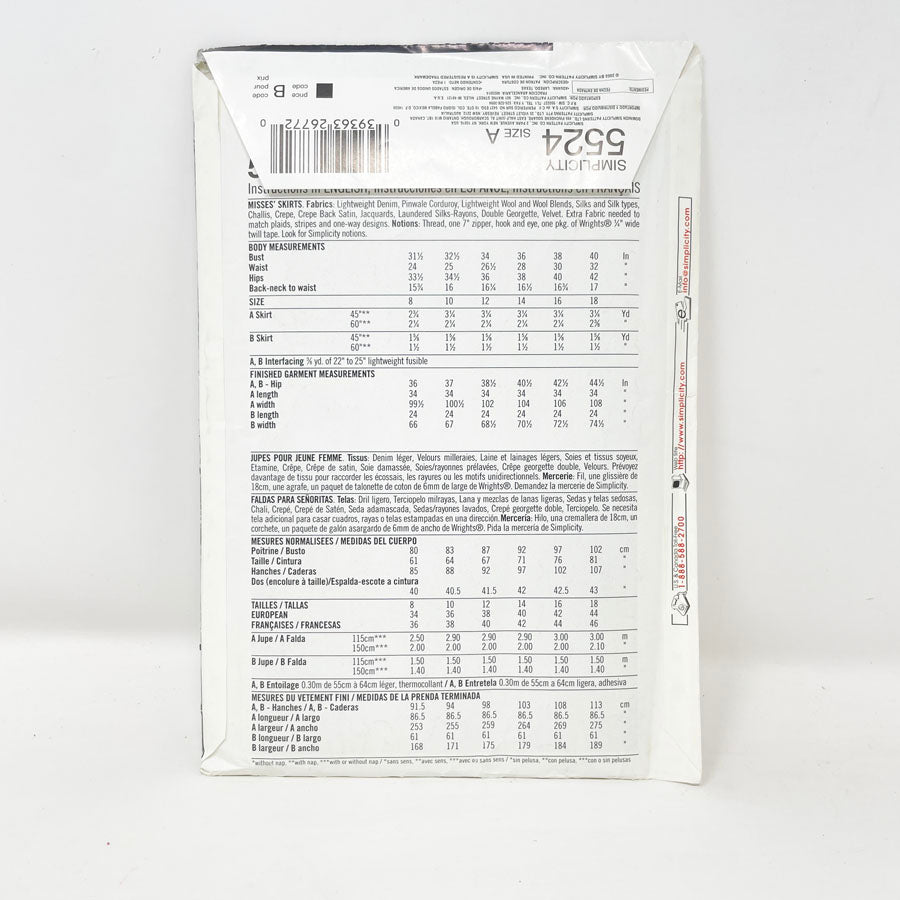 2003 Simplicity 5524 Sewing Pattern - Skirt (8-18)