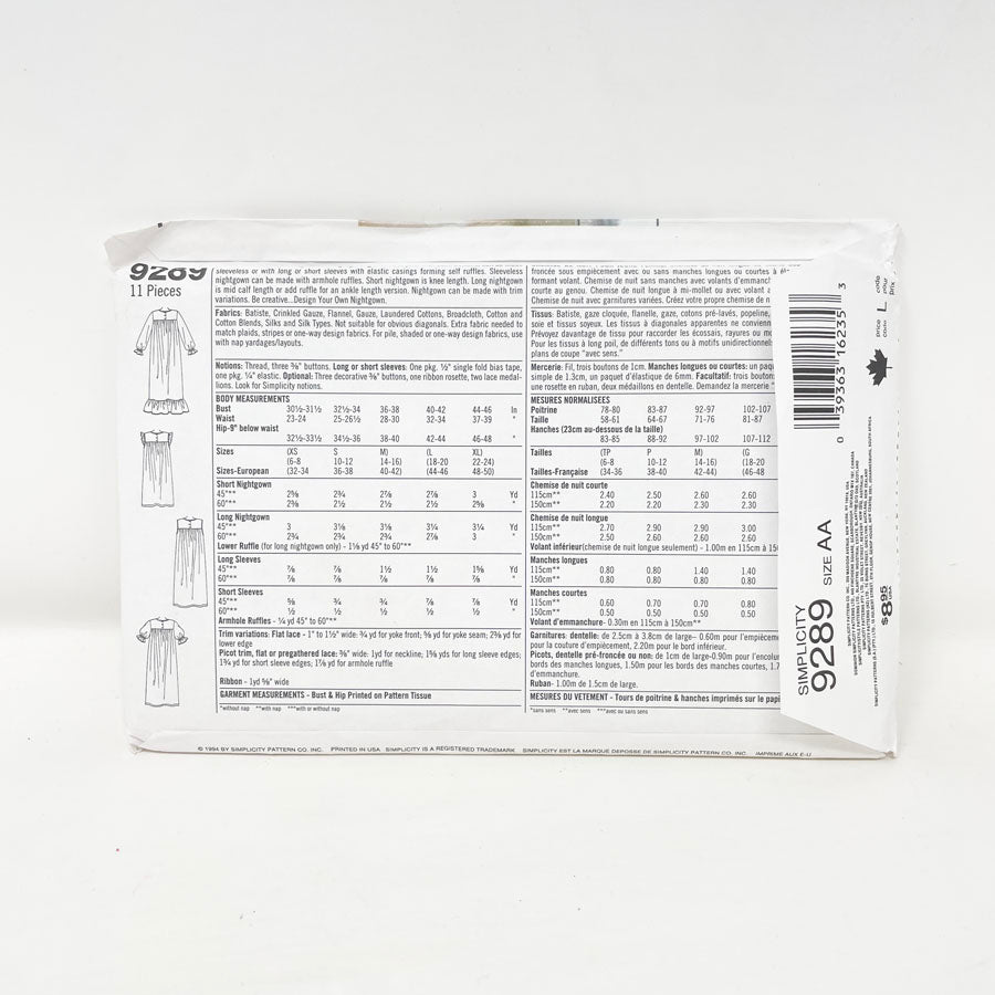 1990s Simplicity 9289 Sewing Pattern - PJs (XS-M)