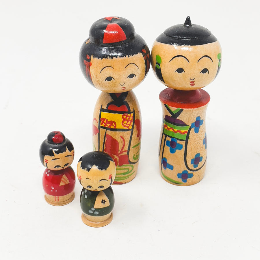 Vintage Kokeshi Nodding Head Dolls - Family of Four