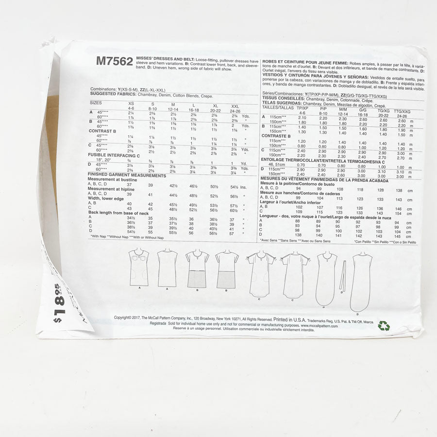 M7562 Dress Pattern (XS-M) - McCall's - 2017