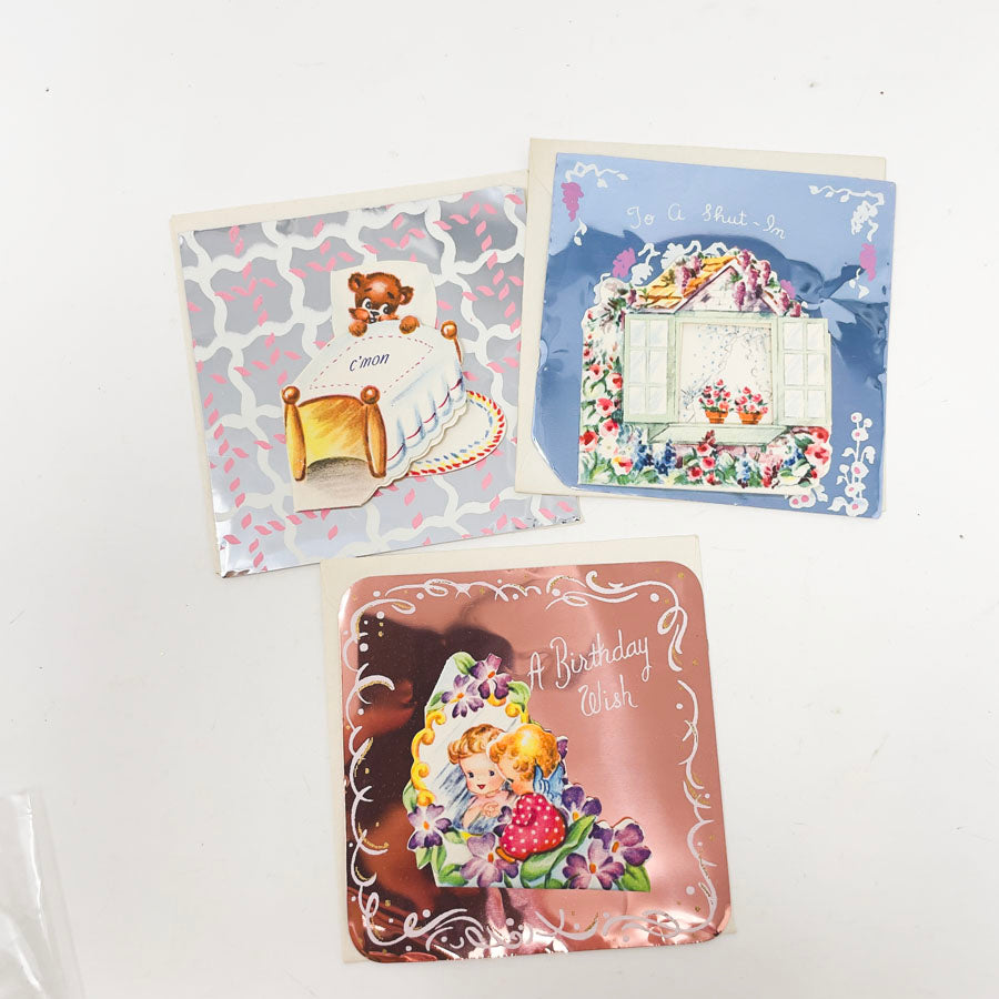 Vintage 1950s Foil Greeting Cards / Pop-Up Get Well / Birthday