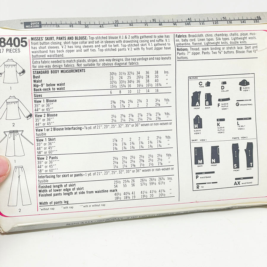 Simplicity 8405 Sewing Pattern - Misses' Skirt Pants and Blouse (12 Size) - 1977