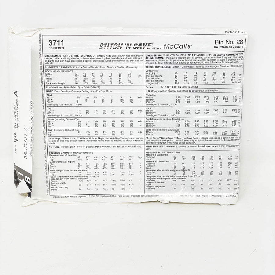 2002 - McCall's Easy Sewing Pattern 3711 (16-22)
