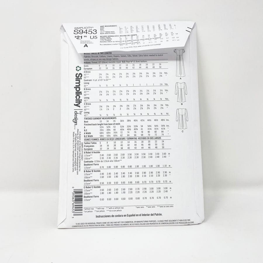 2021 Simplicity Sewing Patterns S9453 - Misses' Dress in Two Lengths