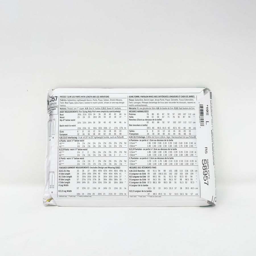 2019 Simplicity Sewing Patterns S8957 - Misses' Slim Leg Pants with Length and Leg Variations