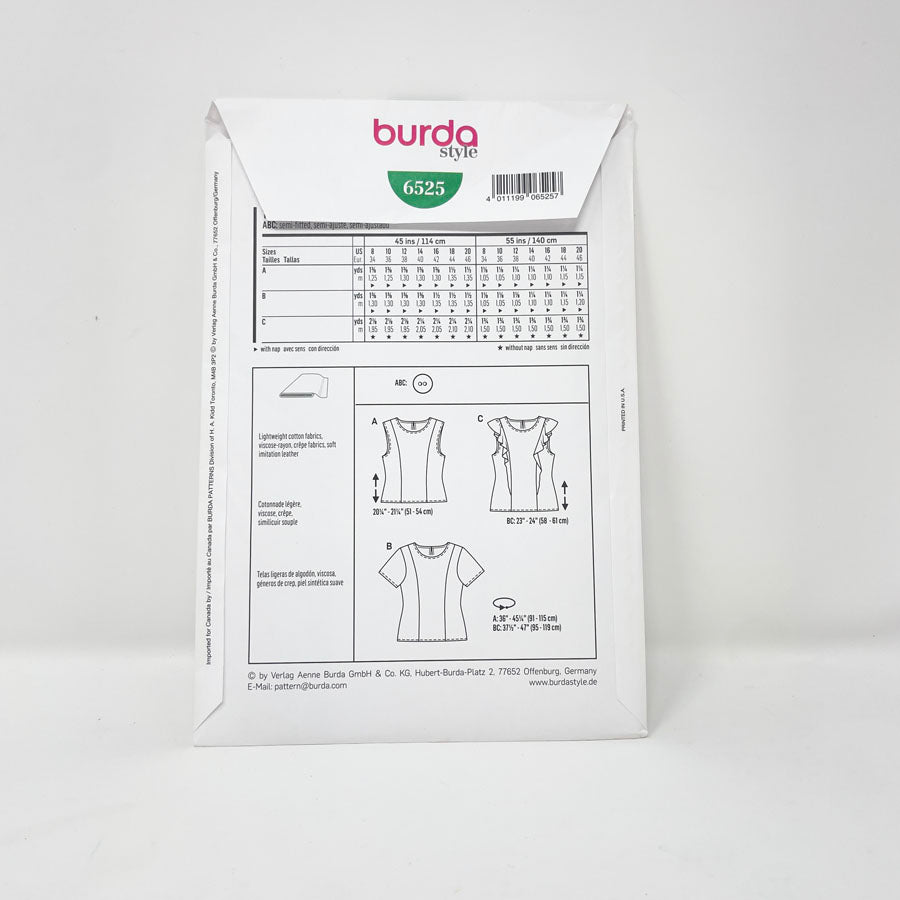 2017 Burda 6525 Sewing Pattern - Top - Sizes 8-20