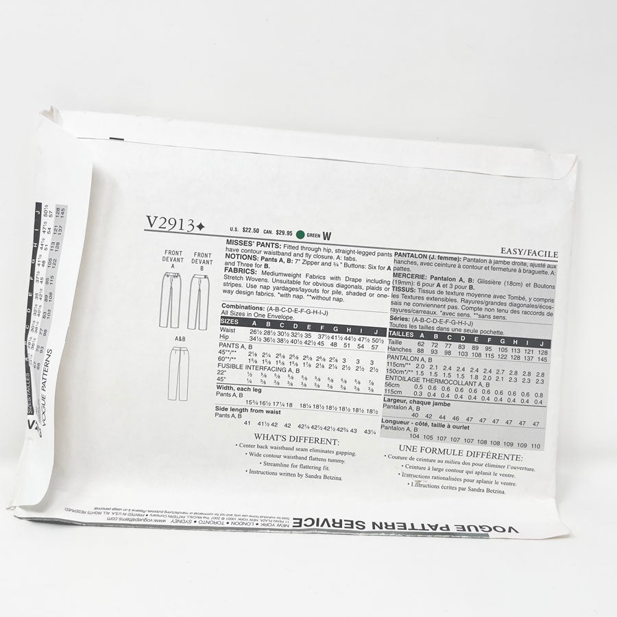 2007 Vogue V2913 Sewing Pattern - Pants - 0SZ