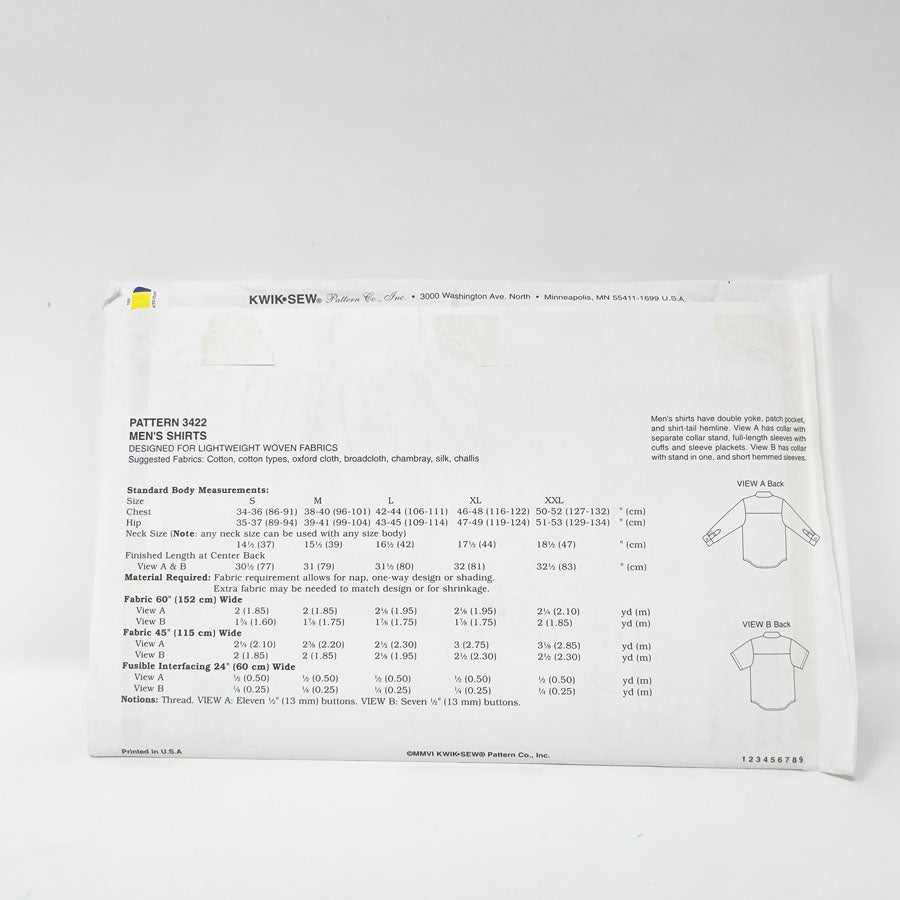 2006 Kwik Sew 3422 Sewing Pattern - Shirt - S-XXL