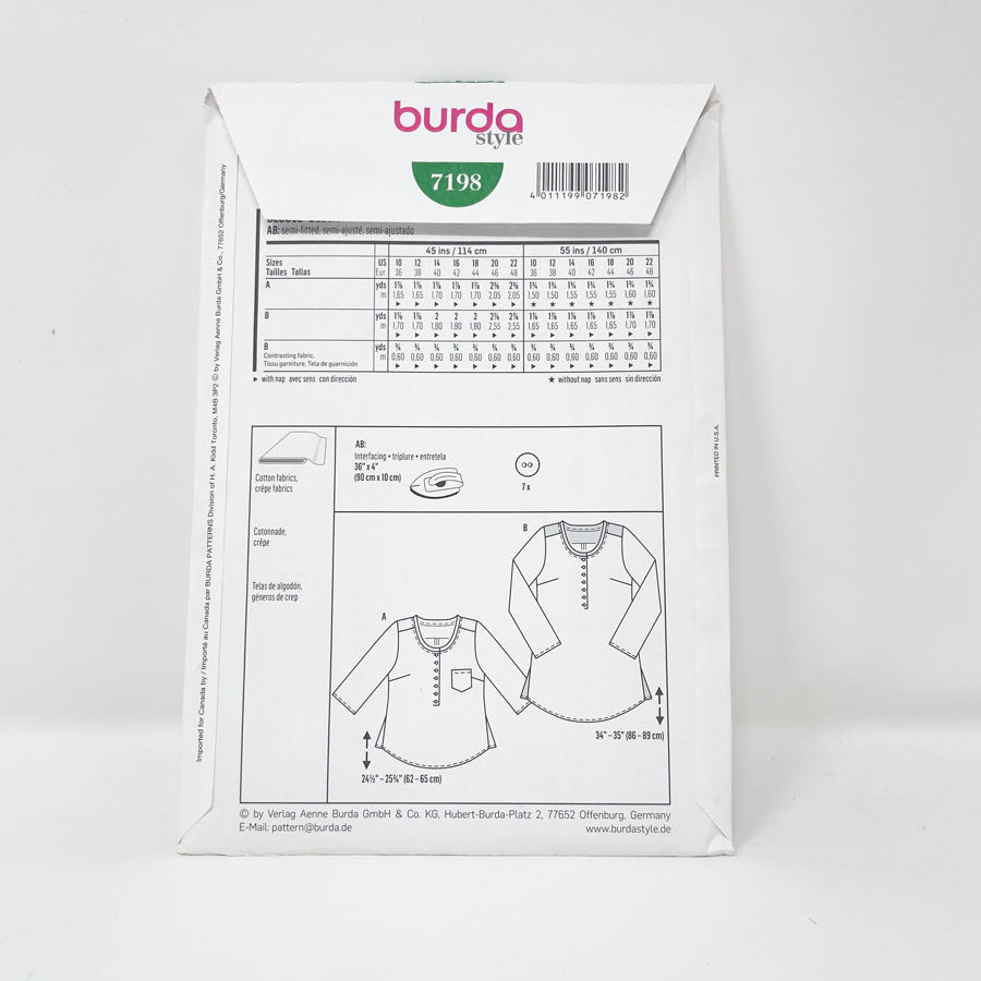 2012 Burda 7198 Sewing Pattern - Top - Sizes 10-22