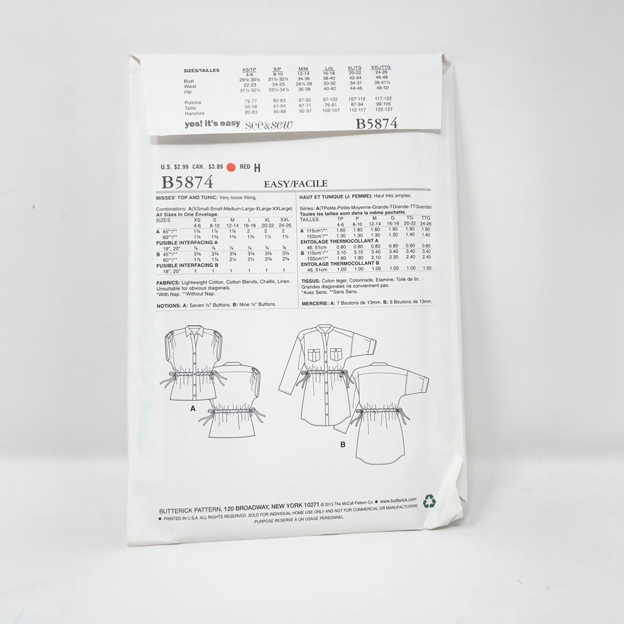 2013 See & Sew B5874 Sewing Pattern - Top - Sizes XS-XL