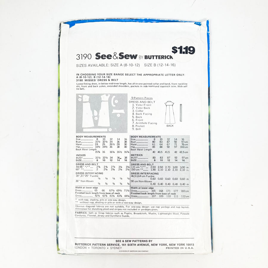 See & Sew Butterick 3190 Sewing Pattern - Dress (8-16) - 1980s