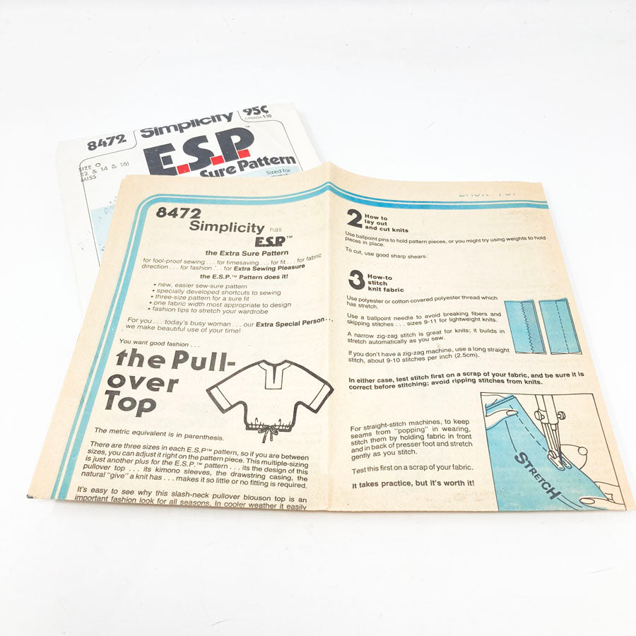 Simplicity E.S.P. 8472 Sewing Pattern - Top (6-16) - 1978