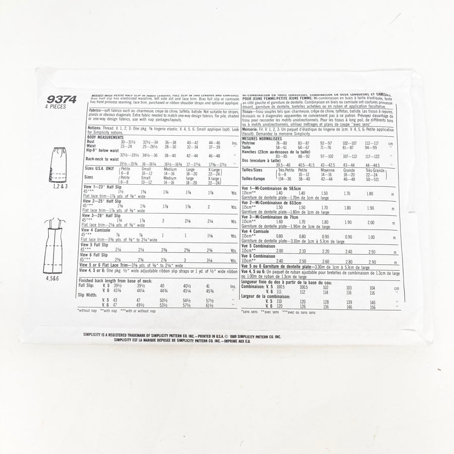 Simplicity 9374 Sewing Pattern - Slip (6-24) - 1989