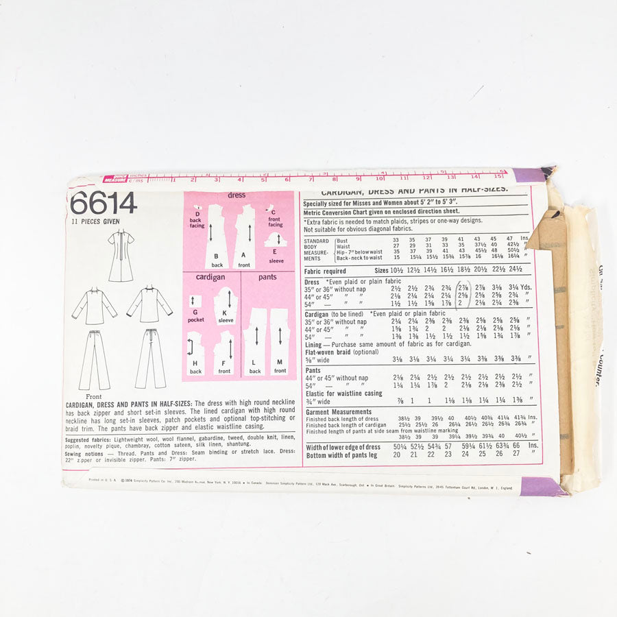 Simplicity 6614 Sewing Pattern - Outfit (18-1/2) - 1974