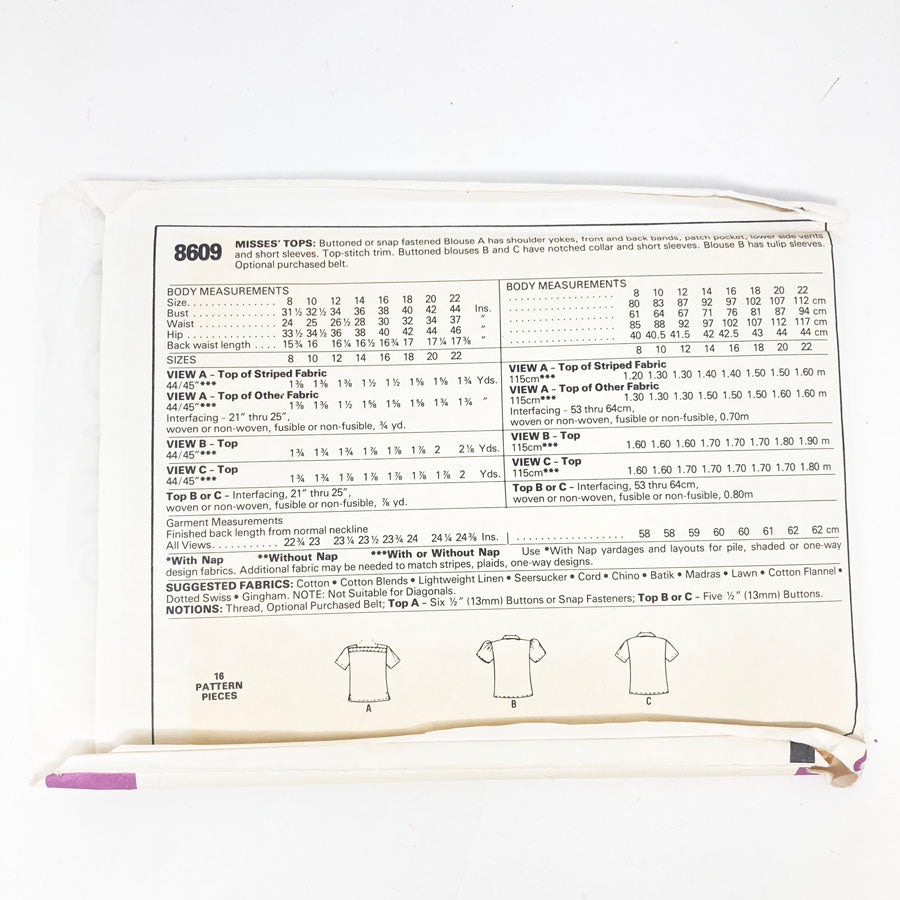 McCall's 8609 Sewing Pattern - Top (18) - 1983
