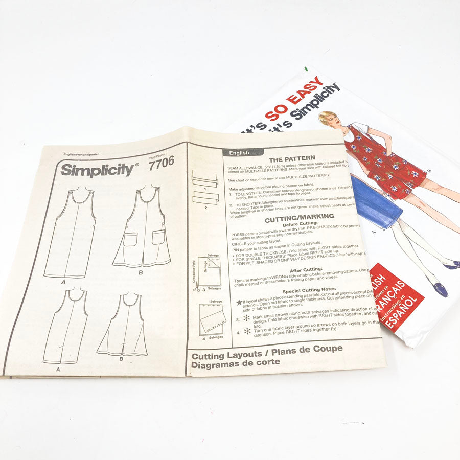 Simplicity 7706 Sewing Pattern - Jumper/Romper (XS-XL) - 1997