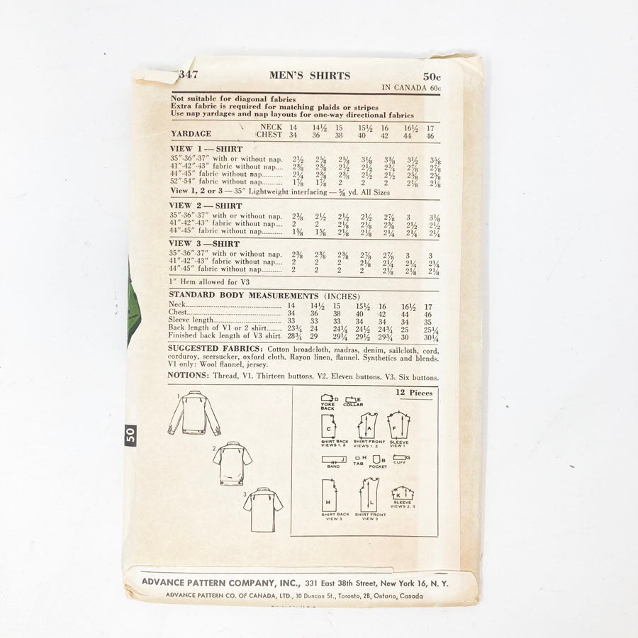 Advance 3347 Sewing Pattern - Men's Shirt (Neck 15-1/2) - 1960s