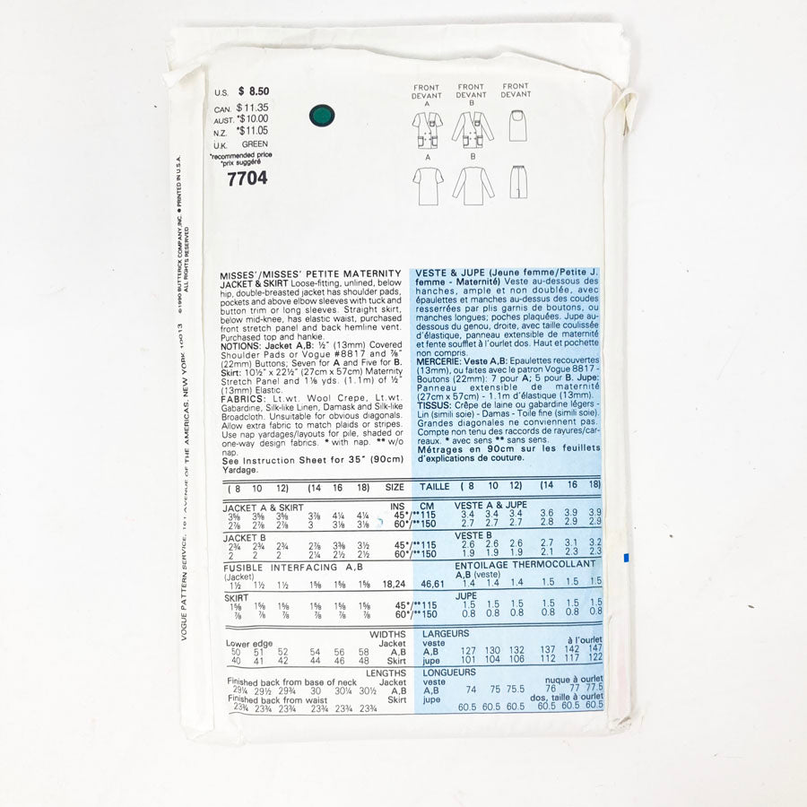 Very Vogue 7704 Sewing Pattern - Suit (14-18) - 1990
