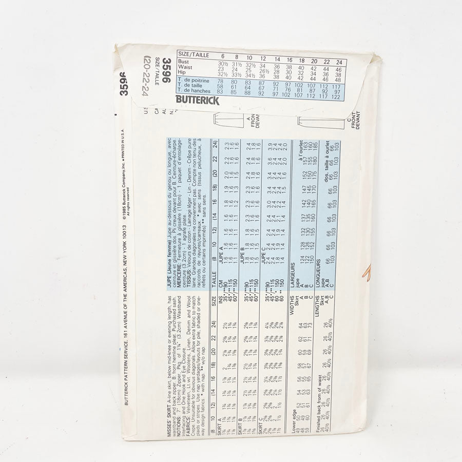 Vintage 1985 Butterick Skirt - 3596 - Size 20-24