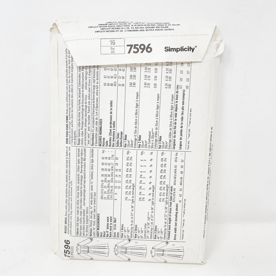 Vintage 1986 Simplicity Dress - 7596 - Size 16