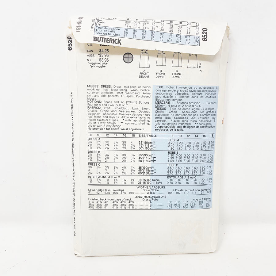 Vintage 1980s Butterick Dress - 6520 - Size 14-18
