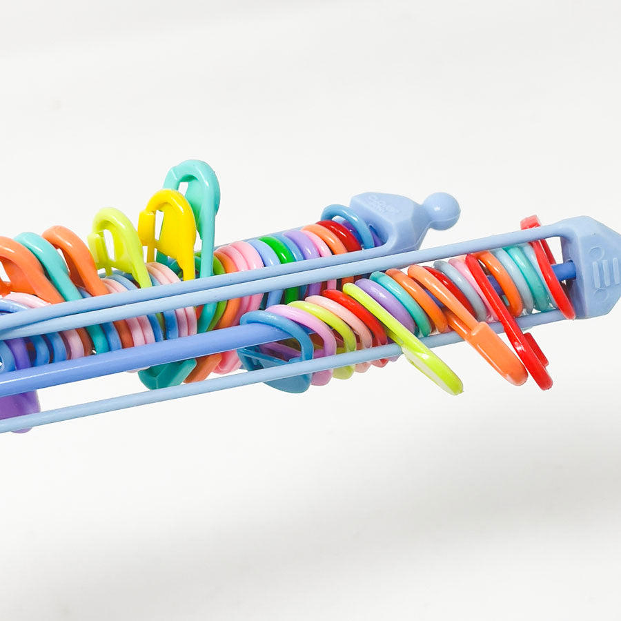 Two Plastic Stitch Savers with Stitch Markers
