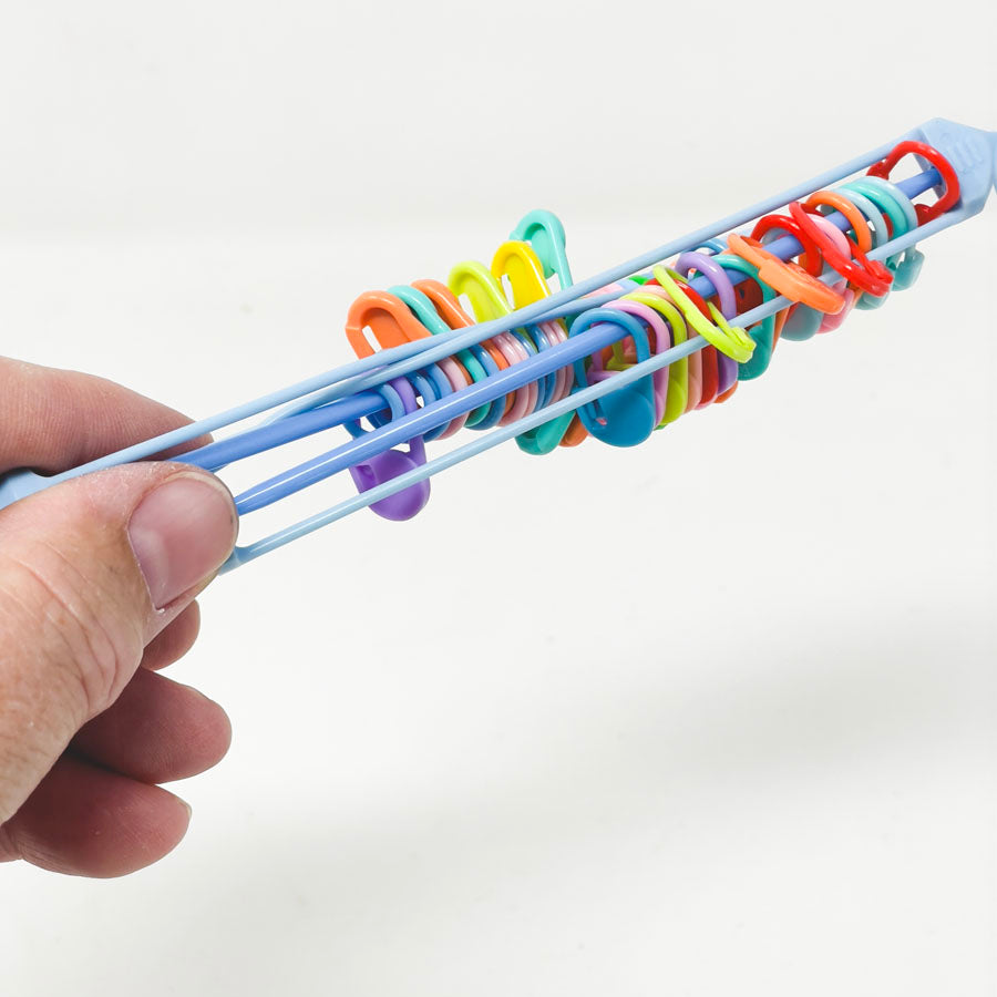 Two Plastic Stitch Savers with Stitch Markers