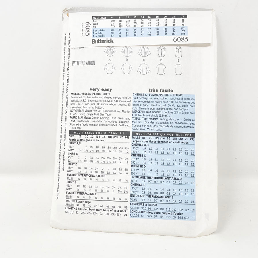 Butterick 6085 Sewing Pattern - Top (8-12) - 2001
