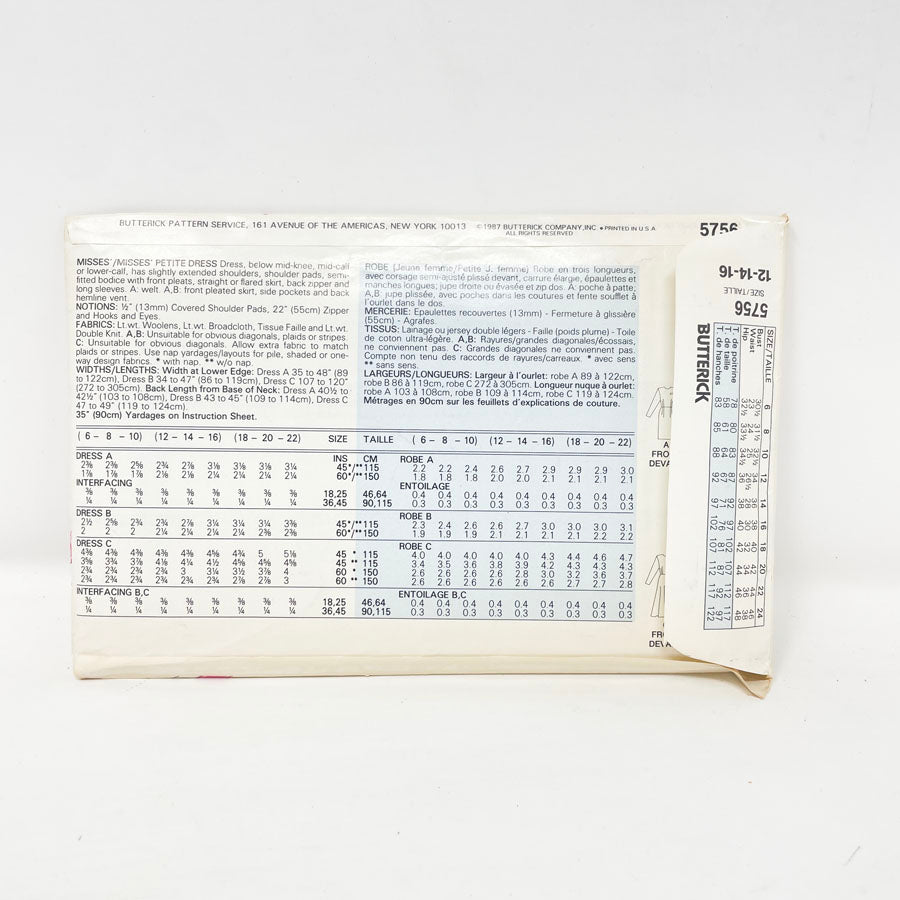 1980s Butterick 5756 Sewing Pattern - Dress (12-16)