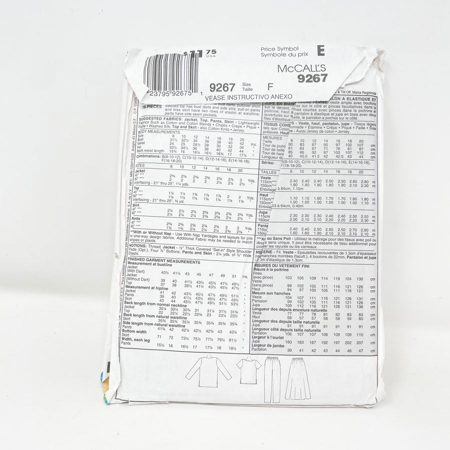 1990s McCall's 9267 Sewing Pattern - Suit (8-20)