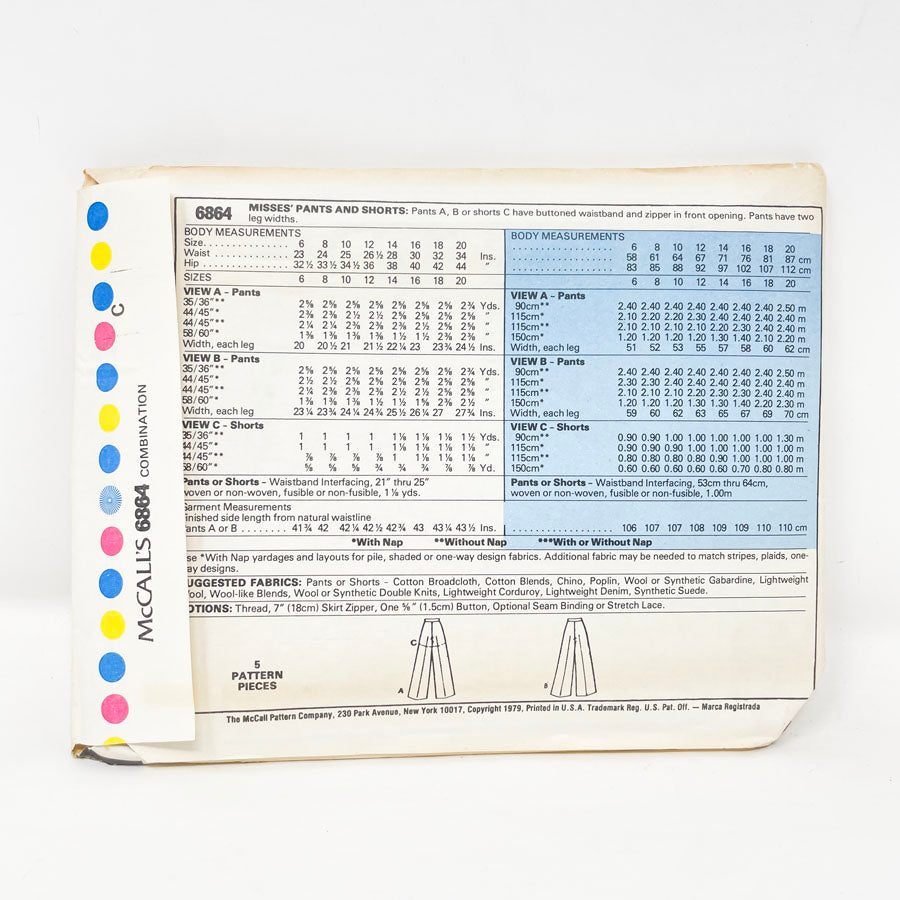 6864 Bottoms Pattern (10-14) - McCall's - 1970s