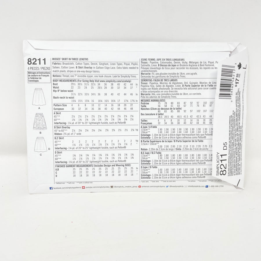 Simplicity 8211 Sewing Pattern - Skirt (4-12) - 2016