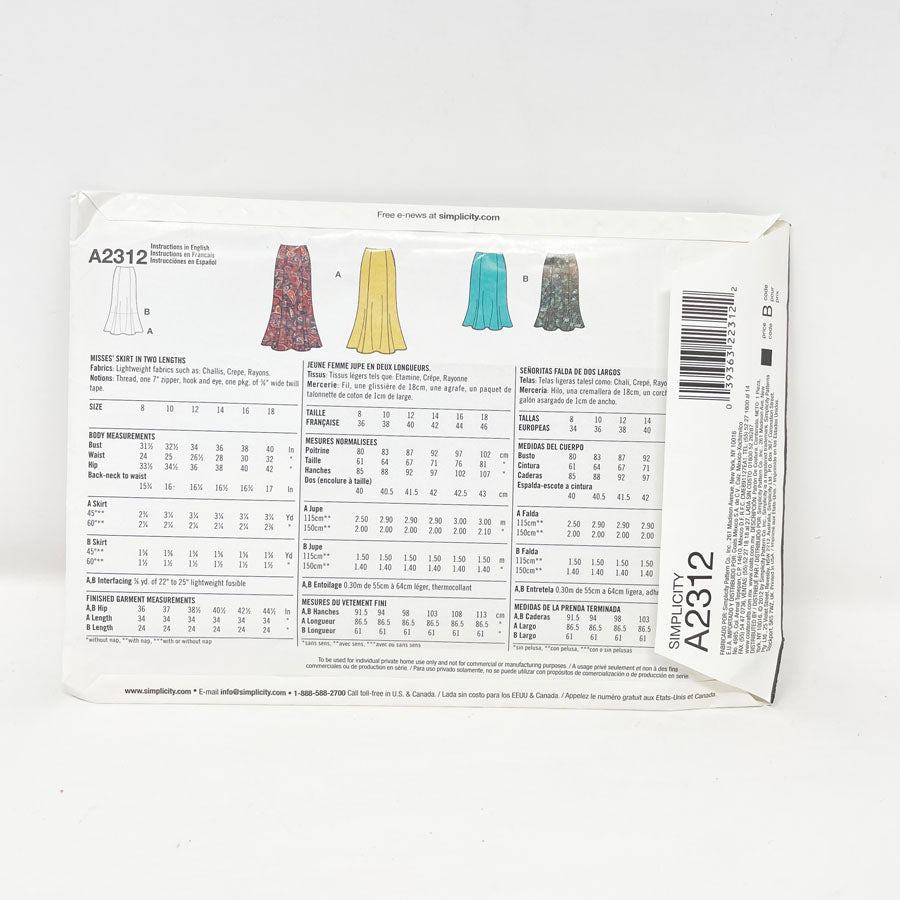 Simplicity A2312 Sewing Pattern - Skirt (8-18) - 2012