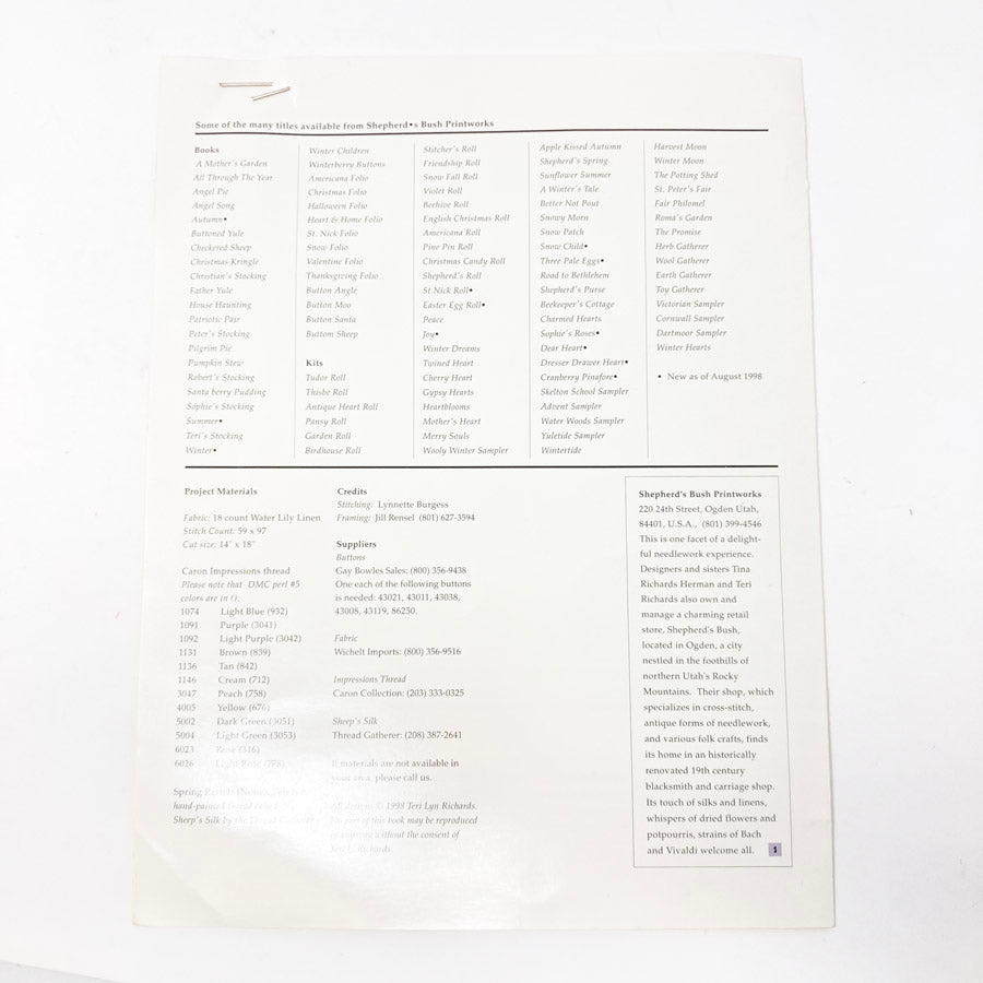 Shepherd's Bush Printworks Cross Stitch Patterns - Pick a Design