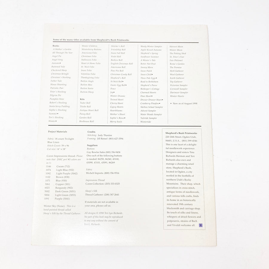 Shepherd's Bush Printworks Cross Stitch Patterns - Pick a Design