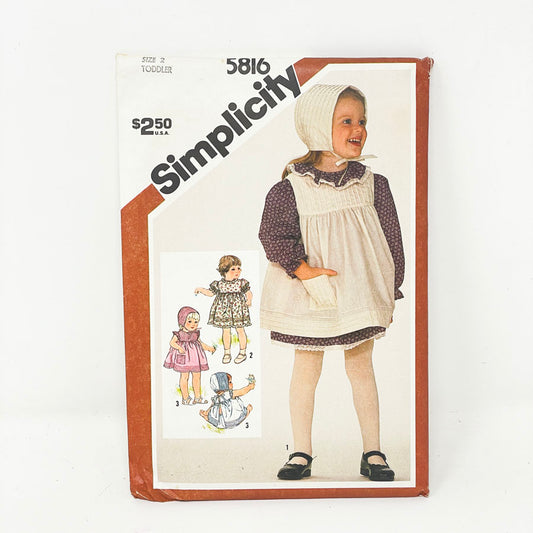 Simplicity 5816 Sewing Pattern -Toddlers' Dress, Pinafore or Sundress Panties and Hat (2 Size) - 1982