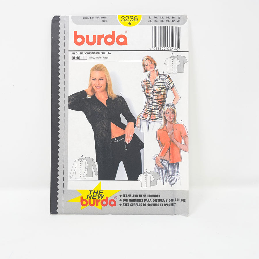 1990s Burda 3236 Sewing Pattern - Button Top - Sizes 8-18