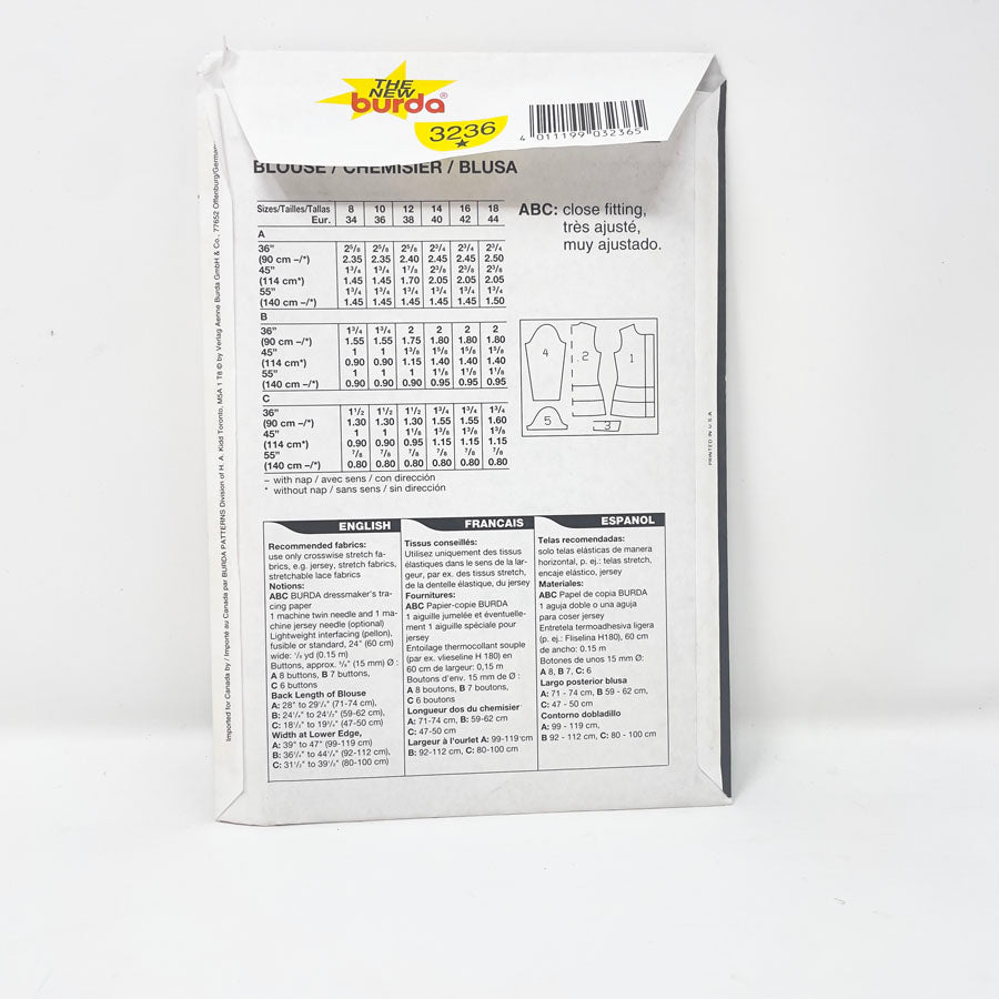 1990s Burda 3236 Sewing Pattern - Button Top - Sizes 8-18