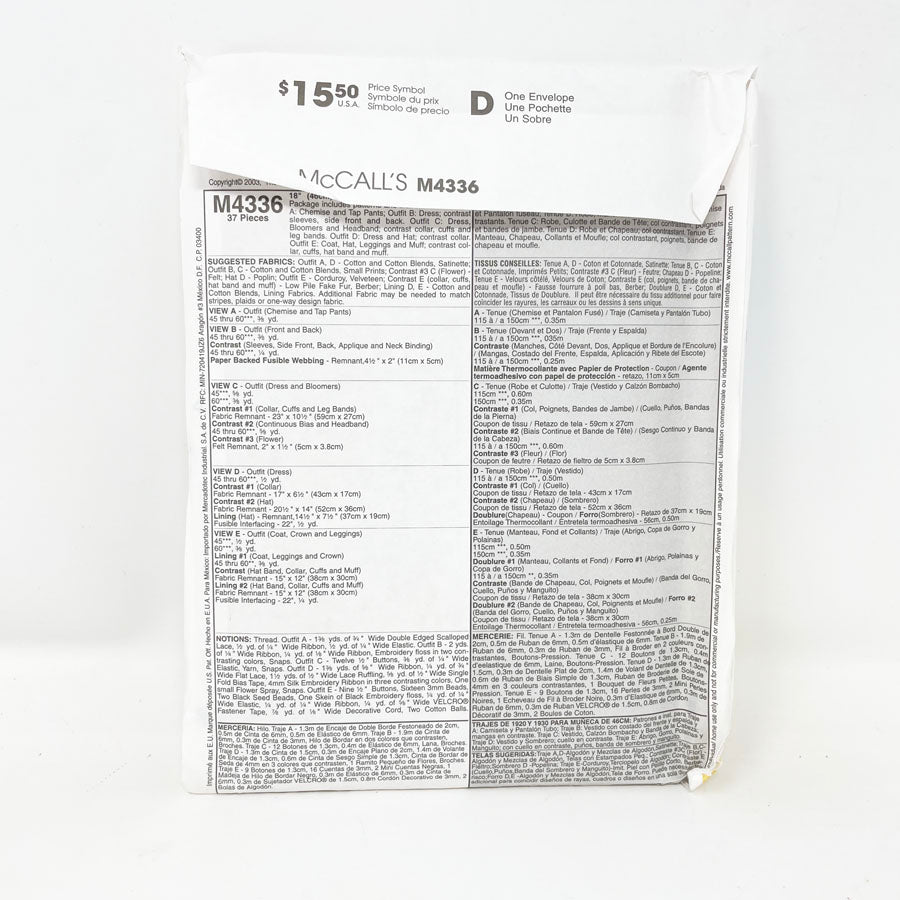 McCall's M4336 Sewing Pattern - 18" Doll Clothing