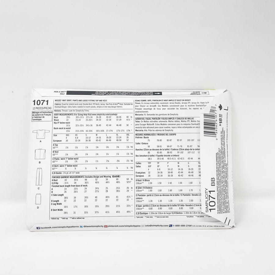 2015 Simplicity 1071 Sewing Pattern - Top/Bottom - Sizes M-XXL