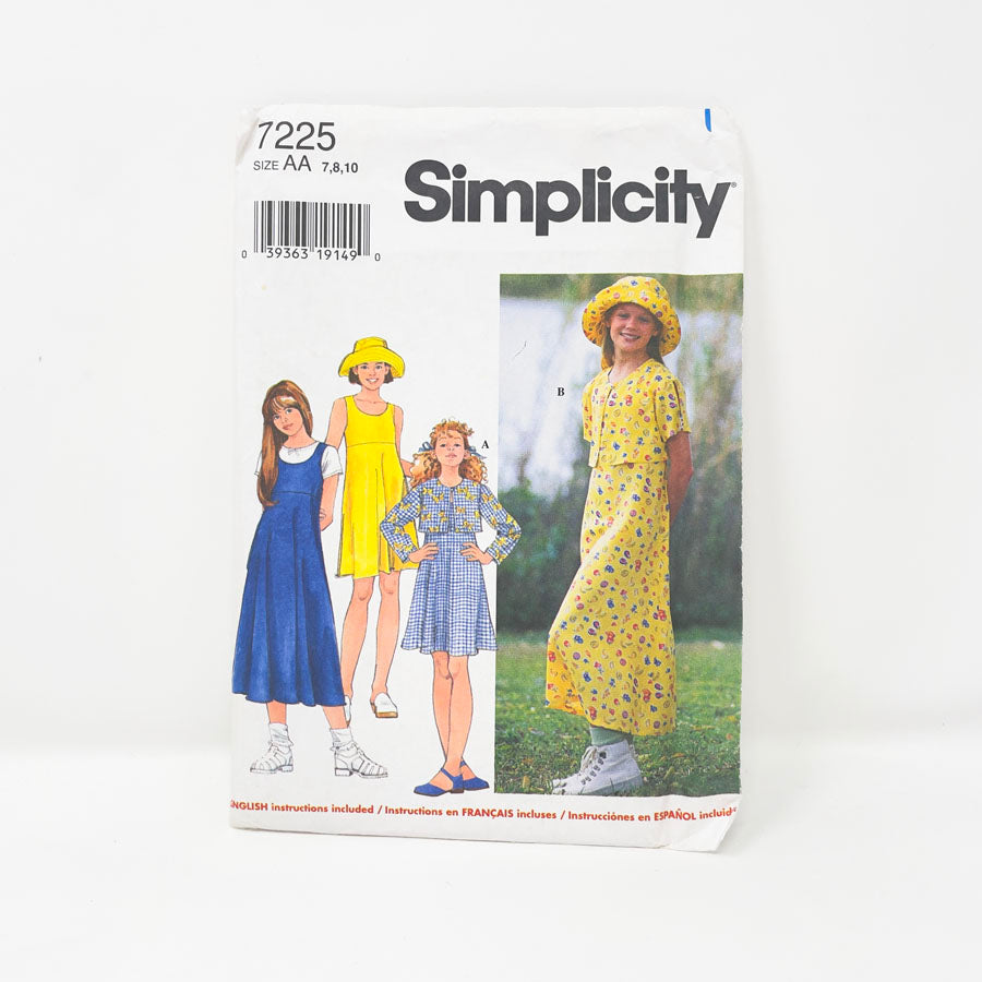 1996 Simplicity Sewing Patterns 7225 - Girls jacket Dres or Jumper and Hat