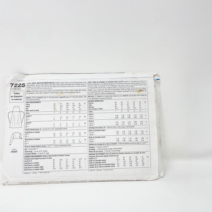 1996 Simplicity Sewing Patterns 7225 - Girls jacket Dres or Jumper and Hat