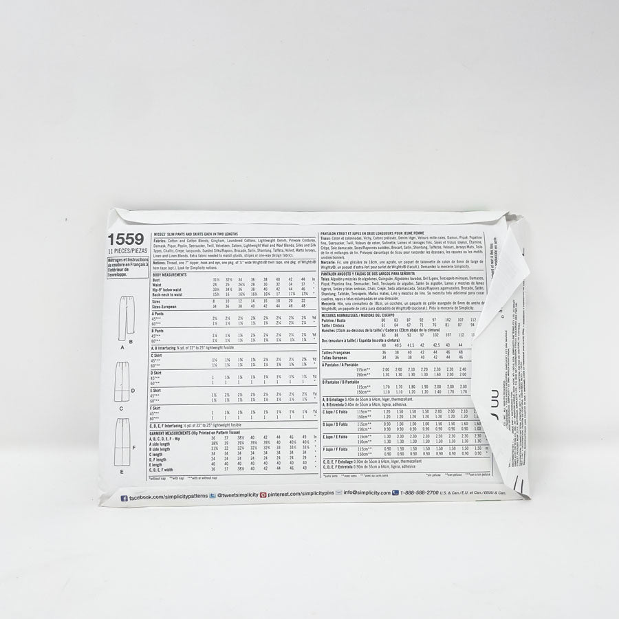 2013. Simplicity Sewing Patterns 1559 - Misses' Slim Pants and Skirts Each in Two Lengths