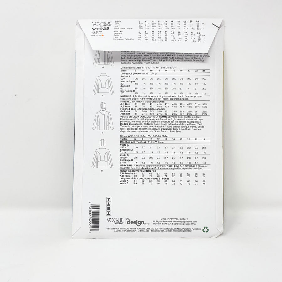 2022 Vogue Marcy Tilton V1925 Sewing Pattern - Jacket - 6-14