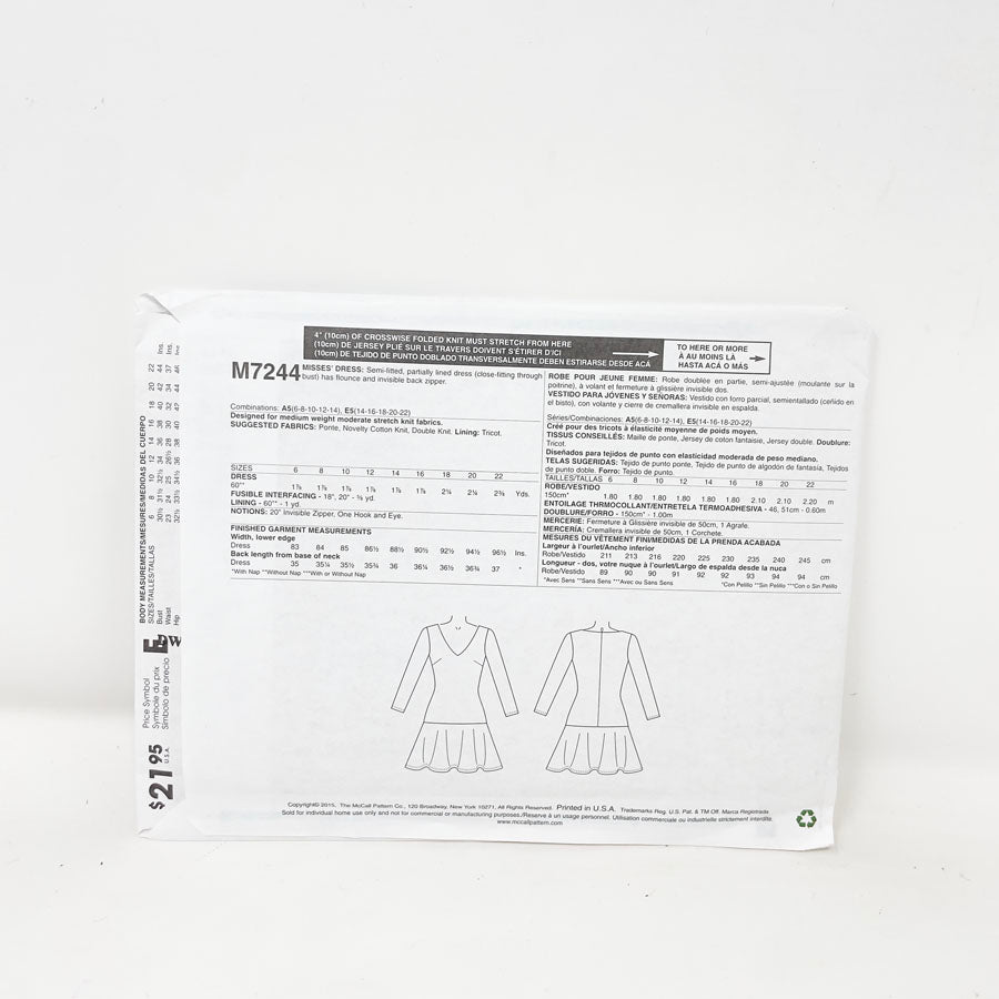 M7244 Dress Pattern (6-14)- McCall's - 2015