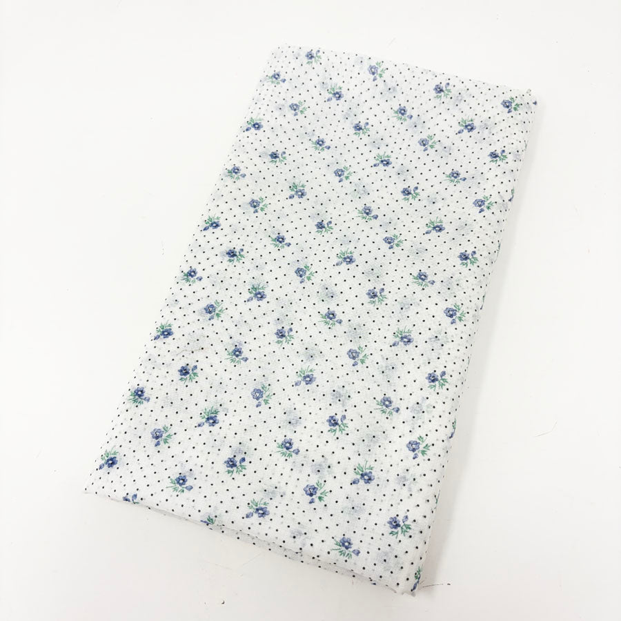 44" x 1 yd. Blue Flowers and Dots Poly Blend Gauze Fabric