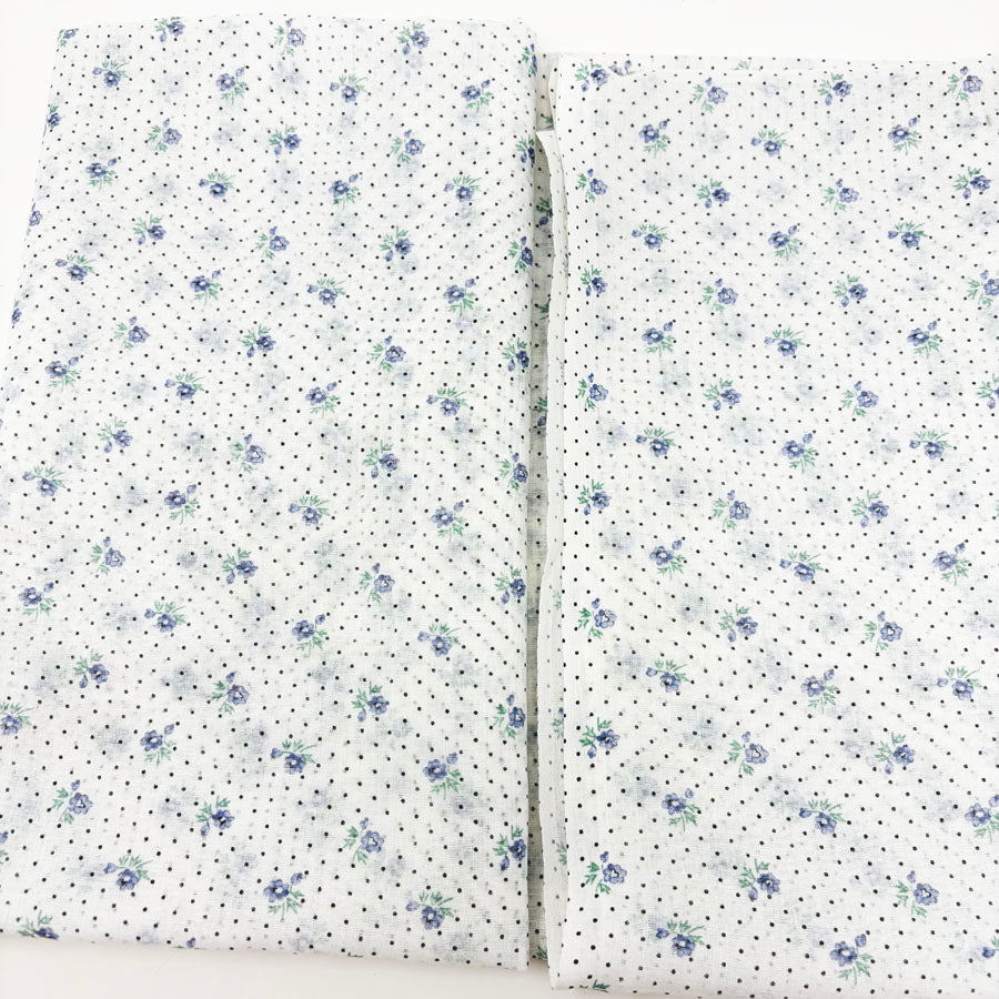 44" x 1 yd. Blue Flowers and Dots Poly Blend Gauze Fabric